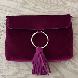 Anthropologie Burgundy Velvet Clutch with Gold Ring Tassel